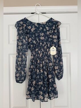Altar’d State Navy/Slate Floral Ruffle Long-Sleeve Tiered Dress